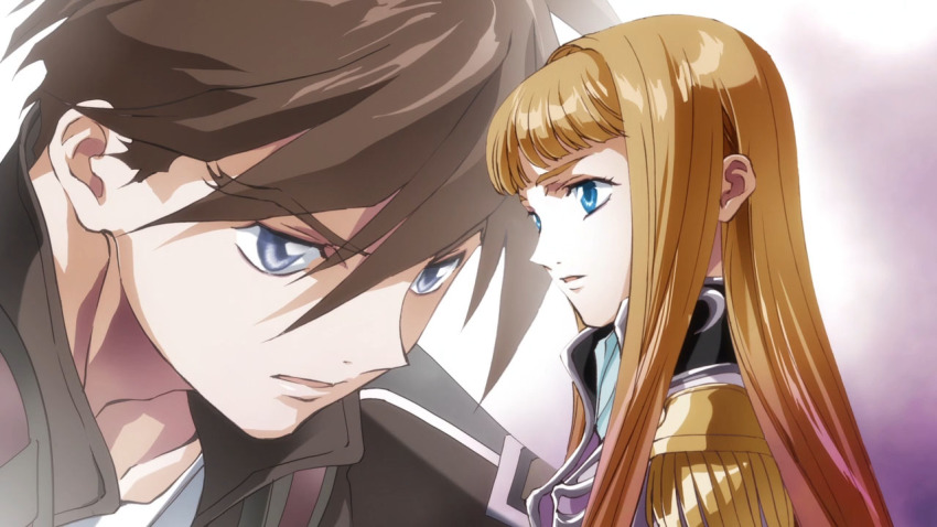 1boy, 1girl, asagi_sakura, blonde_hair, brown_hair, eyebrows_visible_through, gundam, gundam_wing