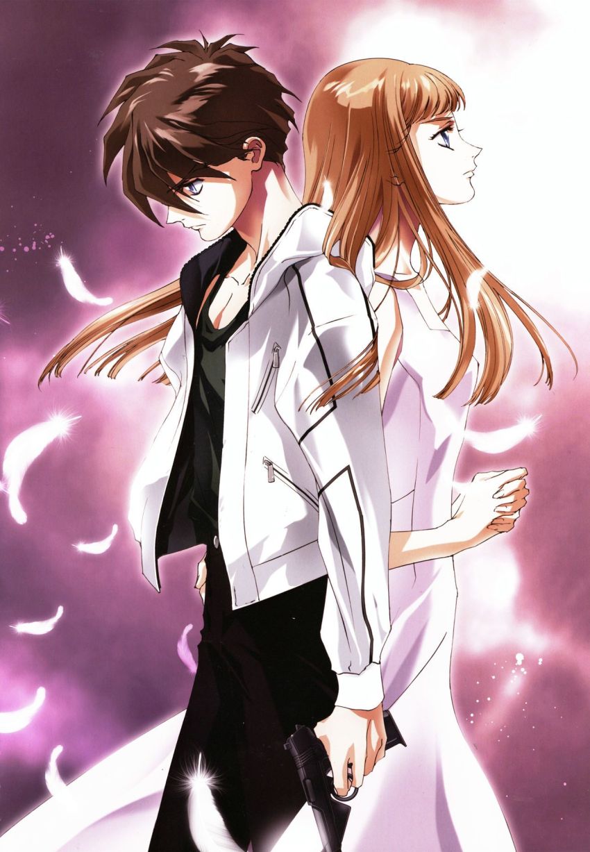 1990s_(style), 1boy, 1girl, asagi_sakura, blue_eyes, brown_hair, dress, feathers