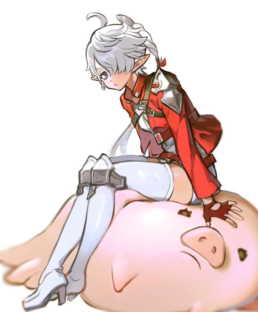 1girl, ahoge, alisaie_leveilleur, blue_eyes, boots, braid, braided_ponytail, earrings, elezen, elf, final_fantasy, final_fantasy_xiv, fingerless_gloves, gloves, hair_over_one_eye, high_heel_boots, high_heels, highres, jacket, jewelry, long_hair, looking_at_viewer, open_clothes, open_jacket, pointy_ears, porxie_(ff14), romper, sitting, solo, thigh_boots, white_background, white_hair, white_romper, wuliu_heihuo