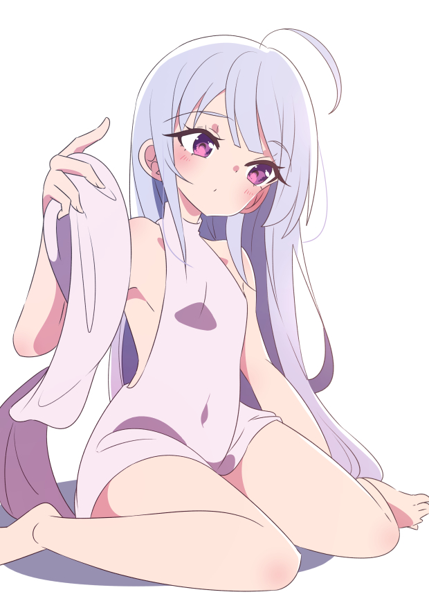 1girl, ahoge, arm_at_side, assault_lily, bare_arms, bare_legs, bare_shoulders, barefoot, blunt_bangs, blush, breasts, closed_mouth, commentary_request, covered_navel, dress, foot_out_of_frame, grey_hair, hair_down, halter_dress, halterneck, hand_up, holding, holding_towel, honkawa_works, long_hair, looking_at_viewer, miriam_hildegard_von_gropius, pink_eyes, short_dress, sideless_outfit, sidelocks, simple_background, sitting, sleeveless, sleeveless_dress, small_breasts, solo, towel, very_long_hair, wariza, white_background, white_dress