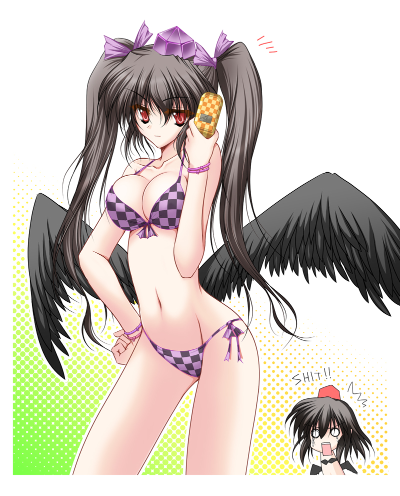 2girls, bikini, black_hair, black_wings, breast_envy, breasts, cellphone, checkered_bikini