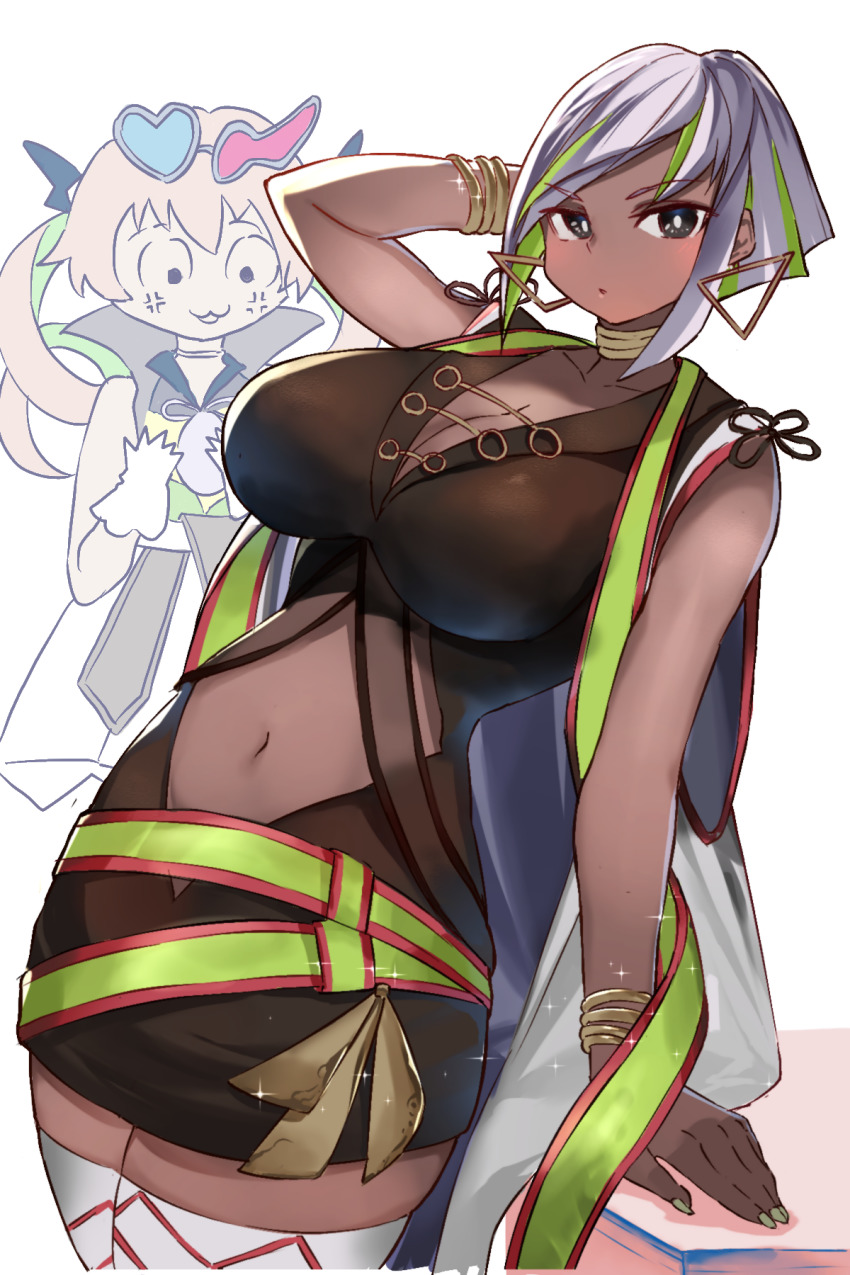 2girls, :3, anger_vein, arm_support, arm_up, bare_shoulders, black_dress, blonde_hair, boots, bracelet, breast_envy, breasts, cleavage, closed_mouth, clothing_cutout, coat, collarbone, colored_inner_hair, commentary, cowboy_shot, dark-skinned_female, dark_skin, dougaku_(passionpit777), dress, drill_hair, duel_monster, earrings, evil_twin's_trouble_sunny, eyewear_on_head, flat_chest, glint, gloves, gold_choker, green_hair, green_ribbon, grey_eyes, grey_hair, hair_between_eyes, highres, jewelry, large_breasts, long_hair, looking_at_viewer, looking_down, luna_(dm)_(yu-gi-oh!), multicolored_hair, multiple_girls, nail_polish, navel, navel_cutout, parted_lips, ribbon, short_hair, sidelocks, simple_background, sleeveless, sleeveless_dress, solo_focus, standing, sunglasses, thigh_boots, thighhighs, twin_drills, two-tone_hair, white_background, white_coat, white_dress, white_footwear, white_gloves, white_nails, yu-gi-oh!, zettai_ryouiki