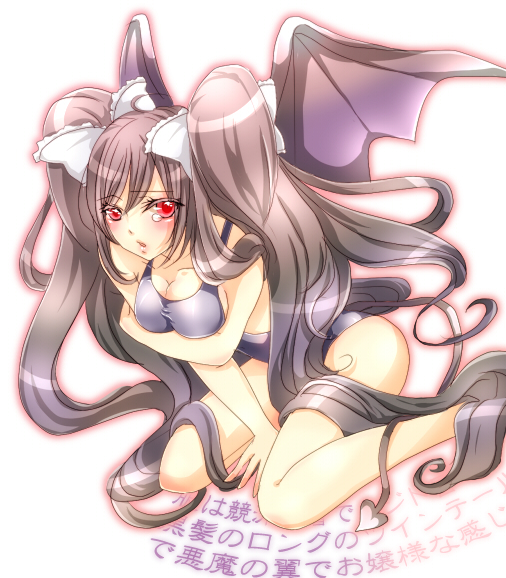 bad_id, bad_pixiv_id, bat_wings, black_hair, competition_swimsuit, demon_girl, long_hair, one-piece_swimsuit