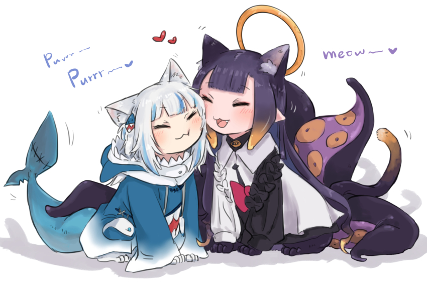 2girls, animal, animal_ears, animalization, aoi_(aoisaka), blue_hair, blunt_bangs, cat