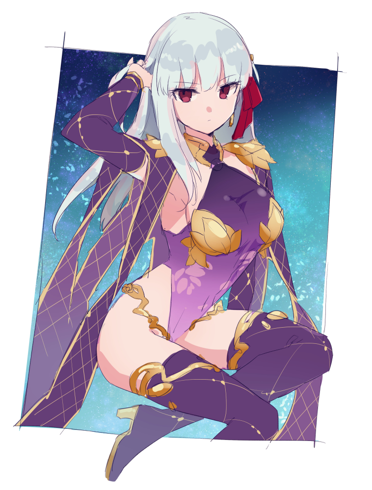 1girl, arm_at_side, arm_up, armpits, asymmetrical_hair, blue_background, blunt_bangs, boots, breasts, closed_mouth, detached_sleeves, dot_mouth, earrings, fate/grand_order, fate_(series), foot_out_of_frame, gold_trim, hair_ribbon, halterneck, hand_in_own_hair, high_heel_boots, high_heels, jewelry, kama_(assassin)_(second_ascension)_(fate), kama_(fate), kama_(second_ascension)_(fate), kama_(teenager)_(fate), large_breasts, long_hair, looking_at_viewer, purple_boots, red_eyes, red_ribbon, ribbon, saeki_saiki, single_sidelock, sitting, solo, thigh_boots, white_hair, yokozuwari