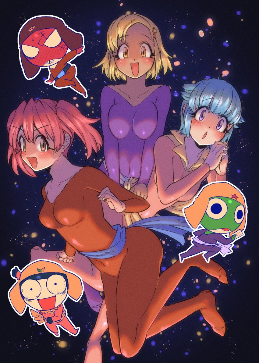 3girls, absurdres, angol_mois, belt, blonde_hair, blue_eyes, blue_hair, blush