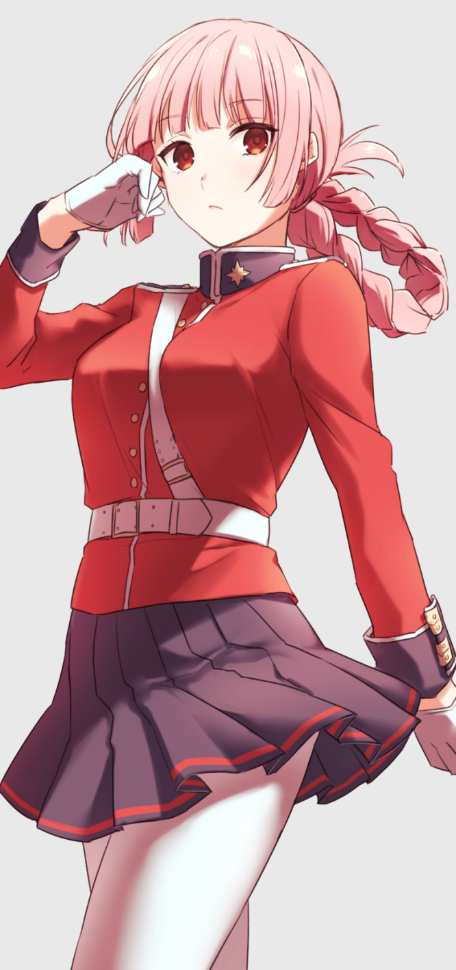 1girl, arm_at_side, belt, between_breasts, black_skirt, blunt_bangs, braid, braided_ponytail