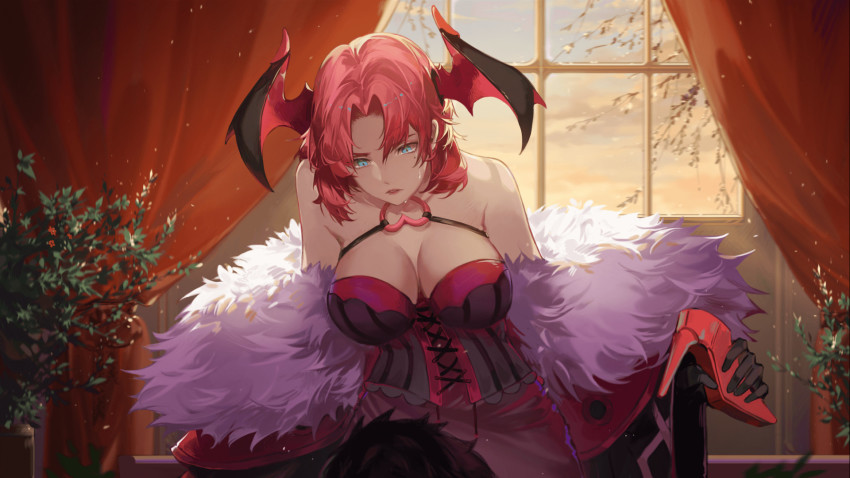 1girl, bad_source, bat_wings, blue_eyes, branch, breasts, chest_harness, cleavage, cloud, coat, curtains, dress, feet_out_of_frame, flower_pot, gyee, hair_ornament, harness, head_wings, heart, high_heels, highres, looking_down, official_art, pink_hair, plant, potted_plant, rita_(gyee), short_hair, sky, solo, sunlight, sunset, sweat, sweatdrop, wings, yingzi