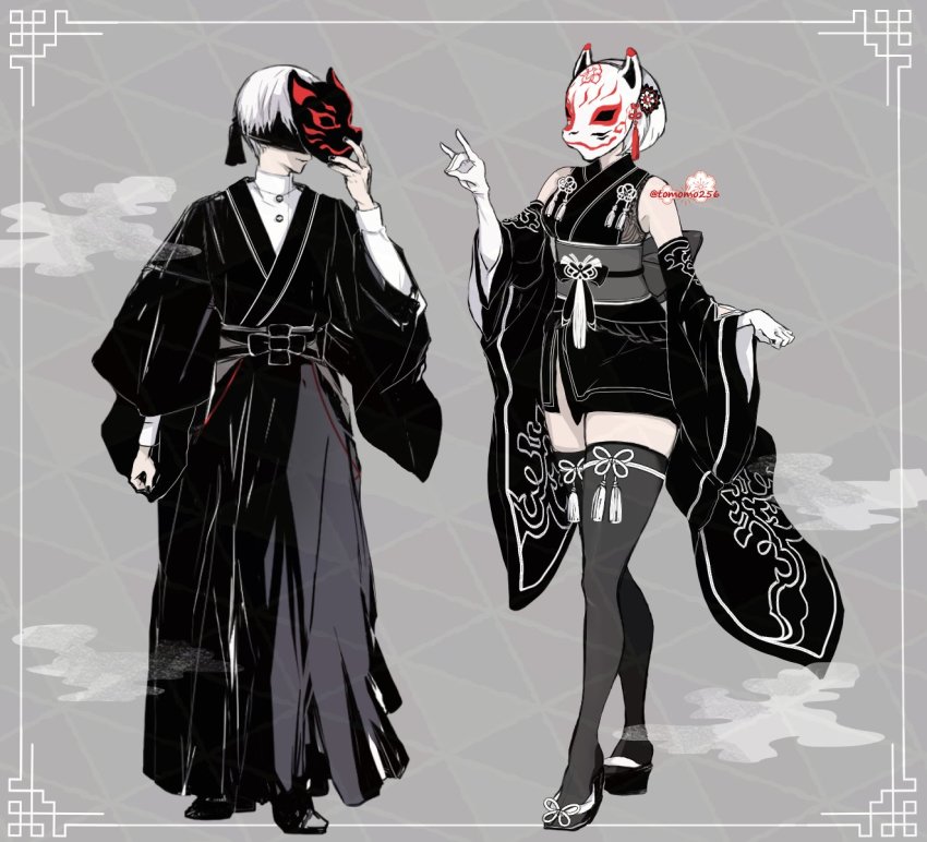 1boy, 1girl, 2b_(nier:automata), 9s_(nier:automata), back_bow, bare_shoulders, black_kimono, black_pants