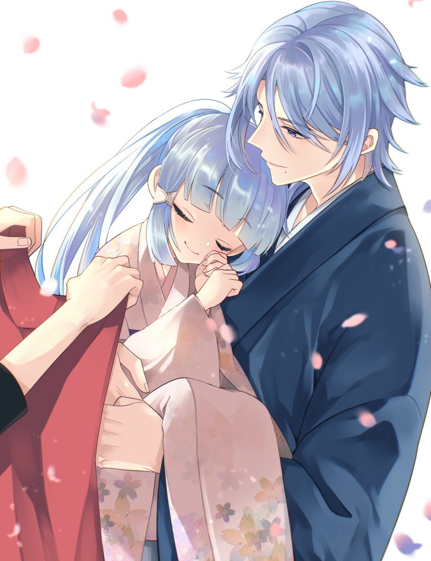 1boy, 1girl, ayaka_(genshin_impact), blue_eyes, blue_hair, brother_and_sister, carrying, closed_eyes