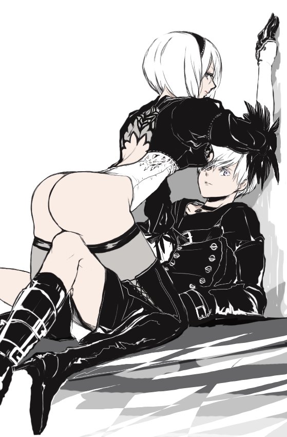 1boy, 1girl, 2b_(nier:automata), 9s_(nier:automata), arched_back, ass, assertive_female, black_boots, black_hairband, black_jacket, black_shirt, black_shorts, bob_cut, boots, breasts, choker, couple, feather_trim, girl_on_top, gloves, hair_between_eyes, hairband, hand_on_wall, high_heel_boots, high_heels, jacket, kabedon, kneeling, leotard, long_sleeves, looking_at_viewer, looking_back, medium_breasts, nier:automata, nier_(series), pendant_choker, puffy_short_sleeves, puffy_sleeves, reclining, shirt, short_hair, short_sleeves, shorts, thigh_boots, thighhighs, tomo_(552252), white_background, white_eyes, white_hair