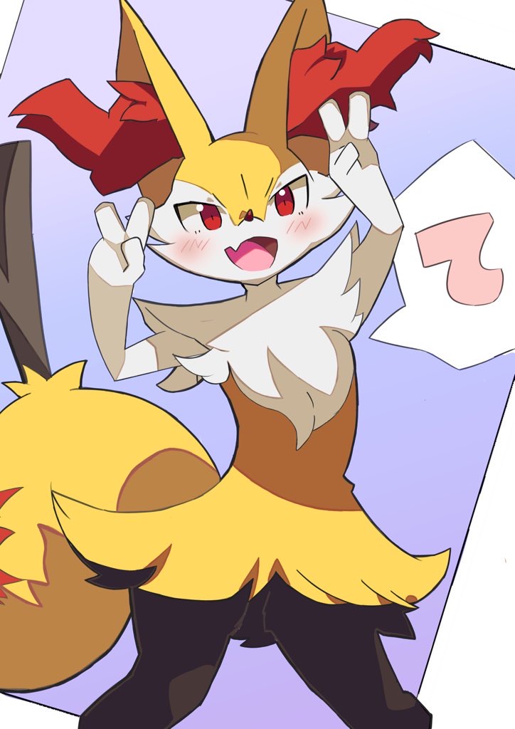 1girl, animal_ear_fluff, animal_ears, animal_nose, arms_up, aya_tsuji, black_fur, blue_background, blush, body_fur, braixen, double_v, fang, female_focus, flat_chest, fox_ears, fox_girl, fox_tail, furry, furry_female, gen_6_pokemon, happy, legs_apart, multicolored_fur, nintendo, open_mouth, pokemon, pokemon_(creature), red_eyes, simple_background, skin_fang, smile, snout, solo, speech_bubble, standing, stick, tail, talking, translated, v, white_fur, yellow_fur