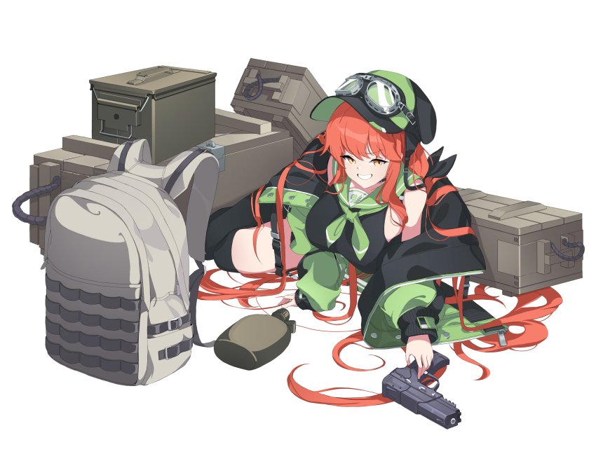 1girl, absurdres, ammunition_box, backpack, bag, black_over-kneehighs, black_pantyhose, black_shirt