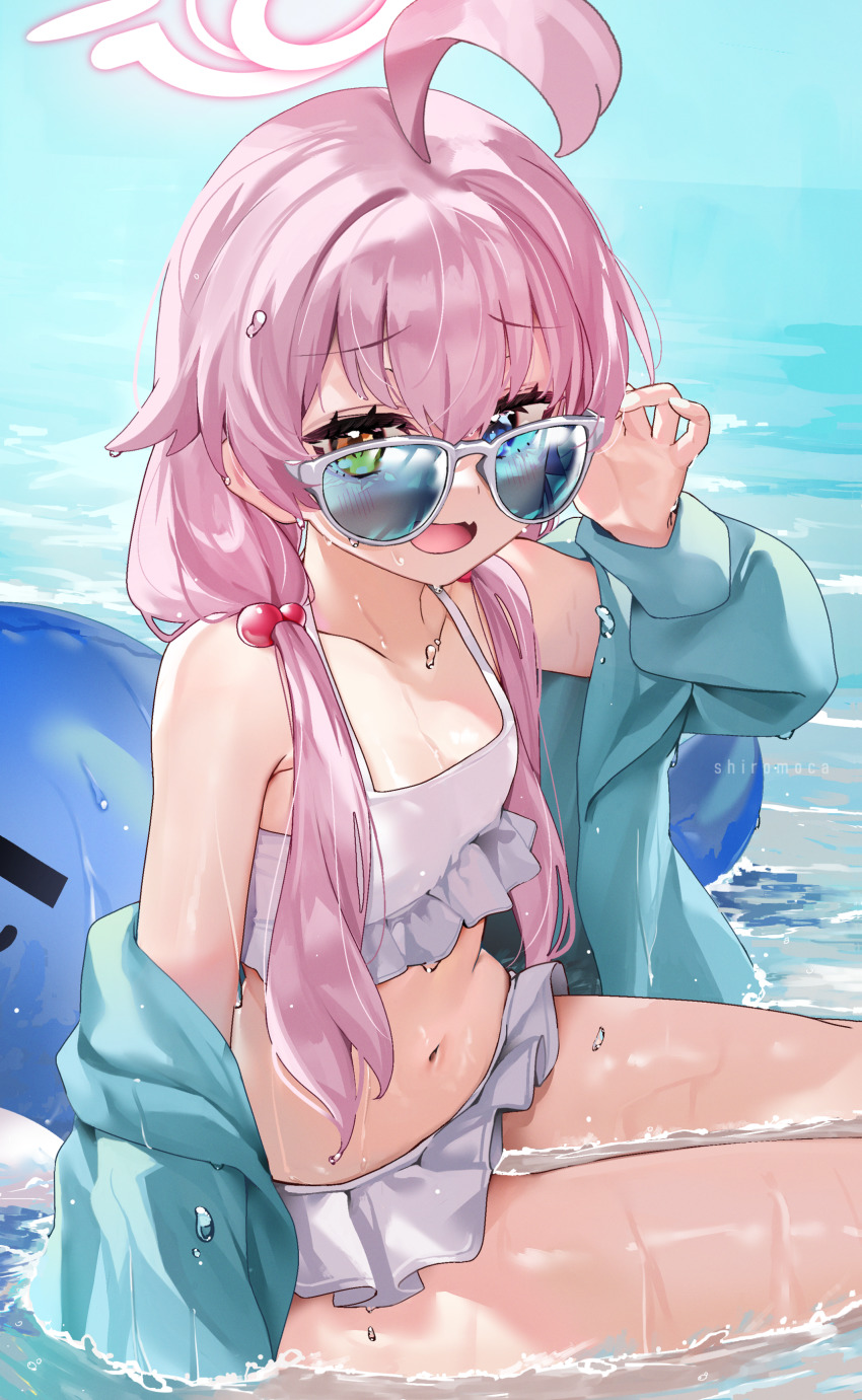1girl, absurdres, ahoge, bikini, blue_archive, blue_eyes, blue_jacket, fang