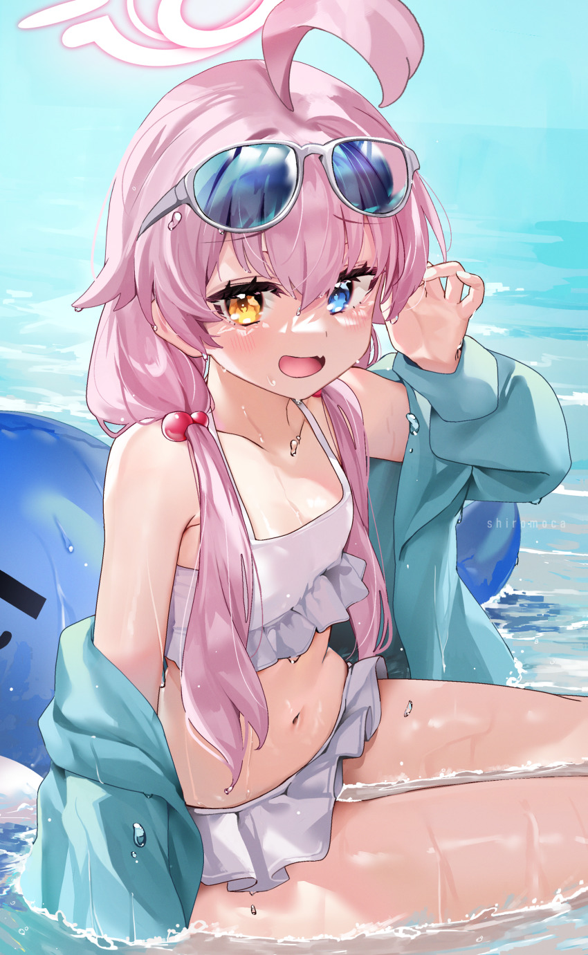 1girl, absurdres, ahoge, bikini, blue_archive, blue_eyes, blue_jacket, commentary_request, eyewear_on_head, fang, frilled_bikini, frills, hair_between_eyes, halo, heterochromia, highres, hoshino_(blue_archive), hoshino_(swimsuit)_(blue_archive), inflatable_toy, inflatable_whale, jacket, looking_at_viewer, navel, ocean, open_mouth, shiromoca, sitting, skin_fang, solo, sunglasses, swimsuit, water, wet, wet_clothes, wet_swimsuit, white_bikini, yellow_eyes