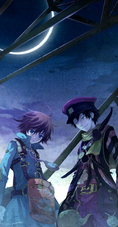 2boys, bag, black_hair, blue_eyes, crow_(fragile), fragile, fragile:_sayonara_tsuki_no_haikyo, hat