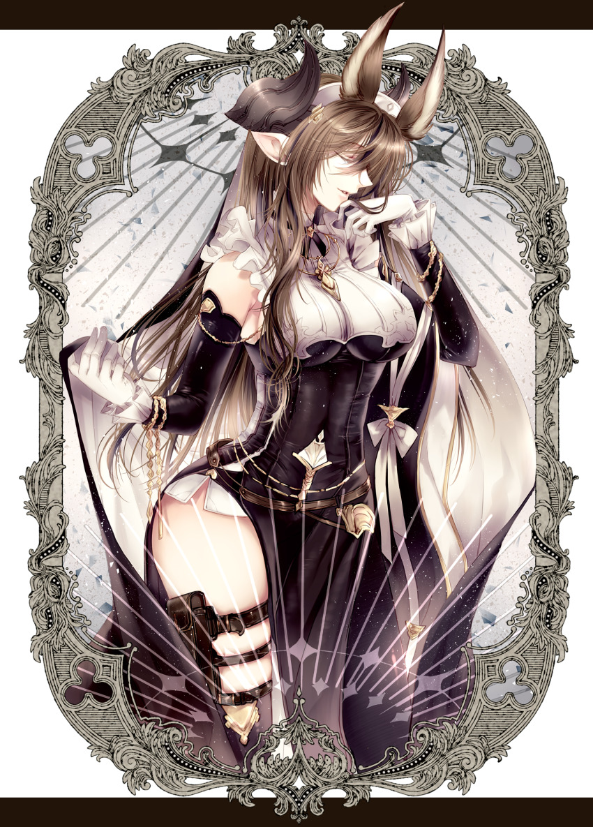 1girl, belt, black_dress, breasts, closed_eyes, closed_mouth, clothing_cutout, commentary, detached_sleeves, dress, extra_ears, frills, galleon_(granblue_fantasy), gloves, granblue_fantasy, hand_up, highres, hip_vent, jewelry, letterboxed, light_particles, long_hair, necklace, nun, parted_lips, pointy_ears, pointy_nose, pouch, solo, tagme, takamura_ryou, white_gloves