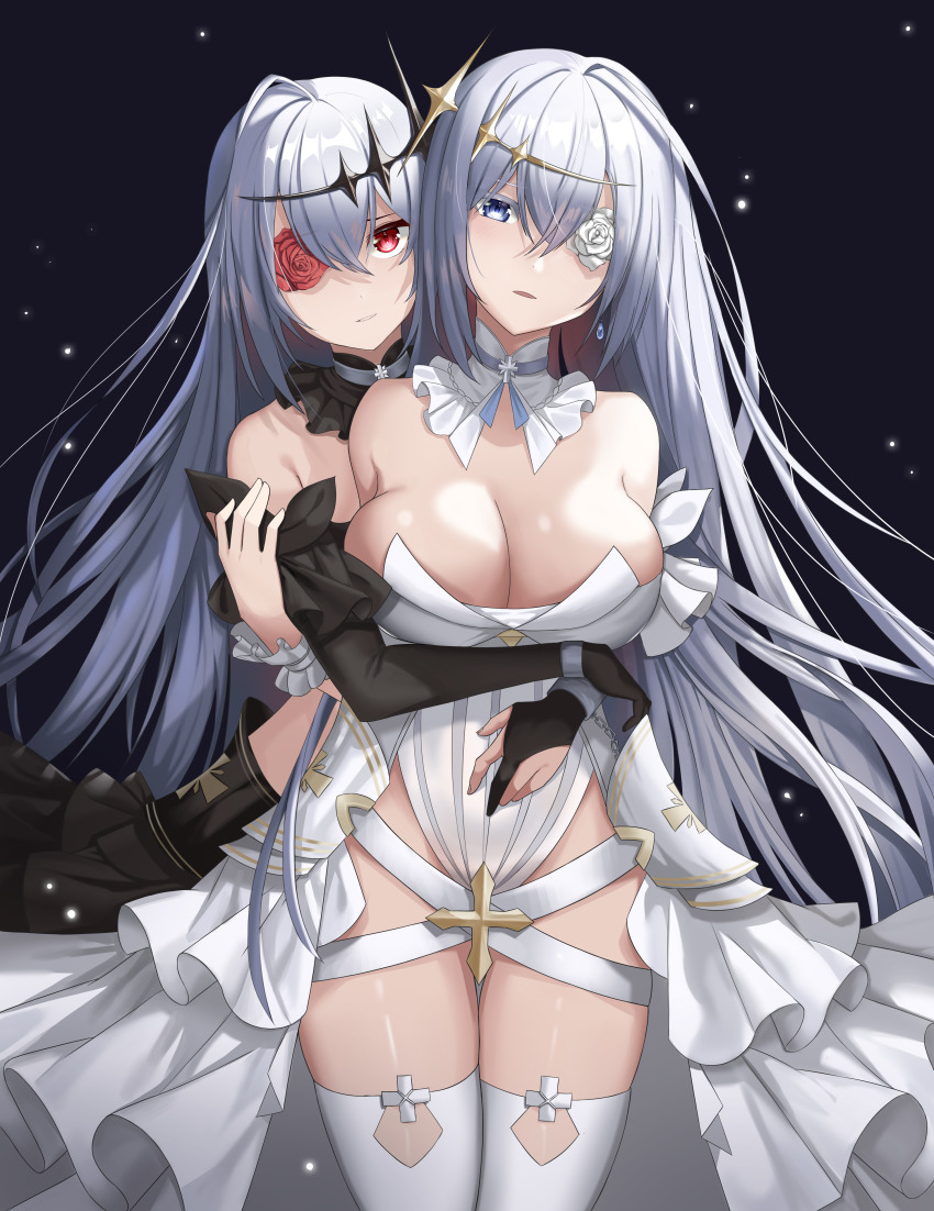 2girls, absurdres, azur_lane, bare_shoulders, black_dress, black_gloves, black_vs_white, blue_eyes, breasts, cleavage, dress, dual_persona, elbow_gloves, emden_(azur_lane), flower, flower_eyepatch, gloves, grabbing_from_behind, grey_hair, hair_between_eyes, hair_ornament, highres, large_breasts, long_hair, looking_at_viewer, multiple_girls, red_eyes, red_flower, red_rose, rjh5820, rose, shiny_skin, strapless, strapless_dress, thighhighs, very_long_hair, white_dress, white_flower, white_rose, white_thighhighs