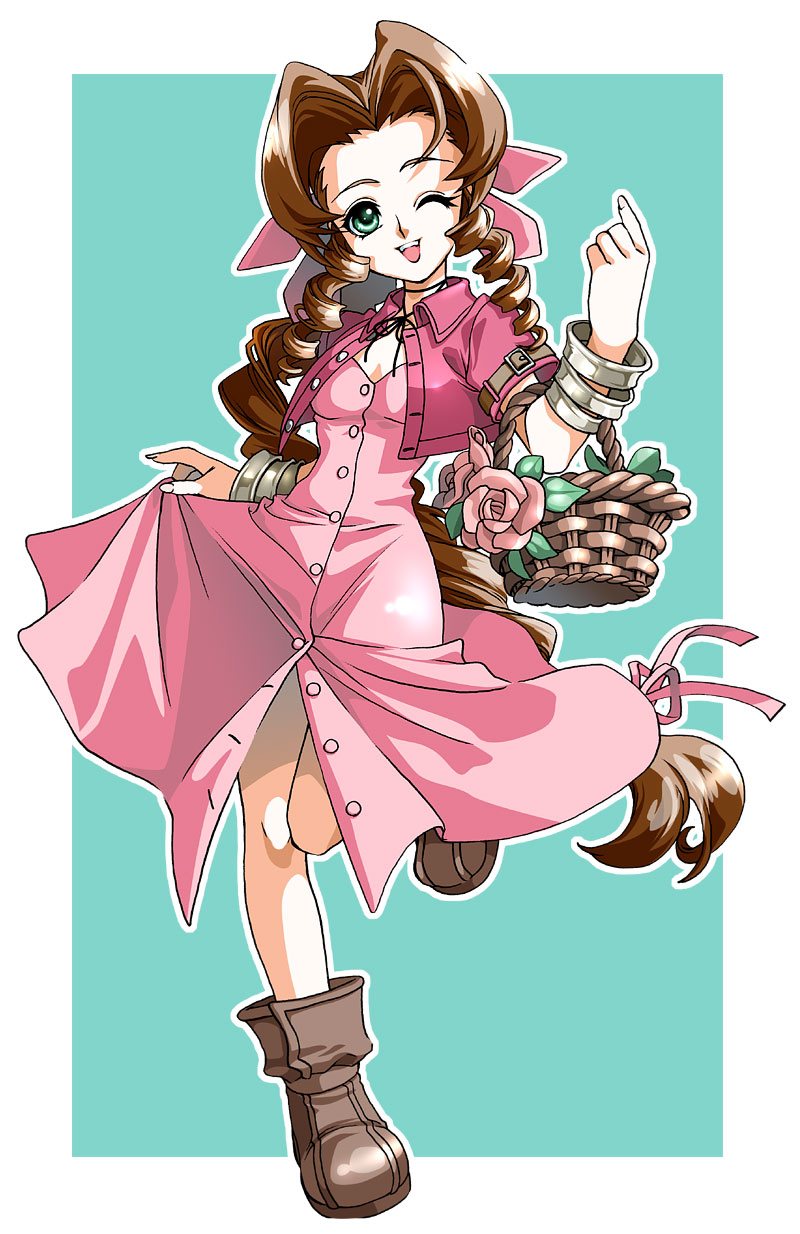 1girl, aerith_gainsborough, arm_up, bangle, boots, border, bracelet, braid