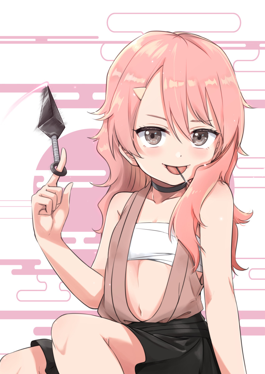 absurdres, benisumomo, black_choker, brown_eyes, chest_sarashi, choker, grey_skirt, hair_ornament, hairclip, highres, kunai, kunoichi_tsubaki_no_mune_no_uchi, long_hair, nanbu_shu_zhi_zhu, needle, ninja, open_clothes, open_vest, pink_hair, pink_vest, pleated_skirt, sarashi, skirt, spinning, tongue, tongue_out, vest, weapon