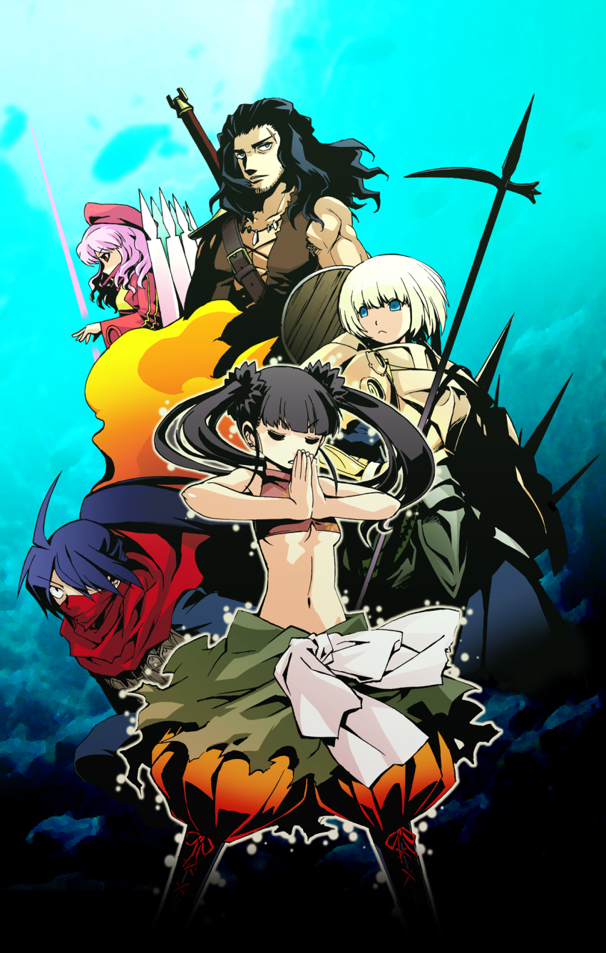 2boys, 3girls, atlus, bare_shoulders, black_hair, blue_background, collarbone, etrian_odyssey