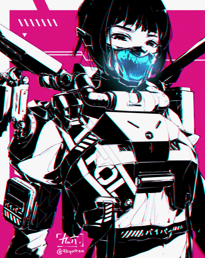 1girl, 96yottea, animification, apex_legends, armor, breastplate, chromatic_aberration, fluorescent_tech_valkyrie, glowing, highres, jetpack, looking_at_viewer, mask, monochrome, mouth_mask, official_alternate_costume, ponytail, solo, spot_color, upper_body, valkyrie_(apex_legends)