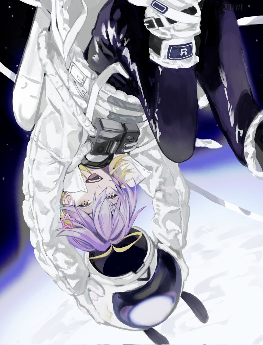 1boy, aster_arcadia, astronaut, blonde_hair, eohme, helmet, heterochromia, highres, looking_at_viewer, male_focus, moon, multicolored_hair, nijisanji, nijisanji_en, open_mouth, purple_hair, smile, solo, space_helmet, upside-down, virtual_youtuber, yellow_eyes