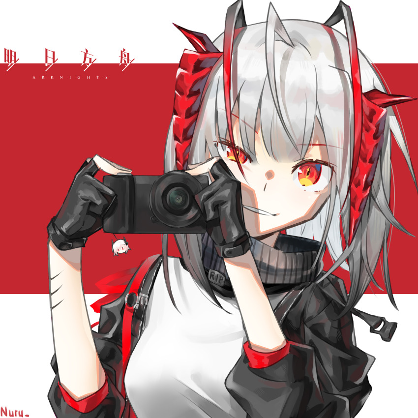 1girl, absurdres, ahoge, antenna_hair, arknights, artist_name, black_gloves, black_jacket