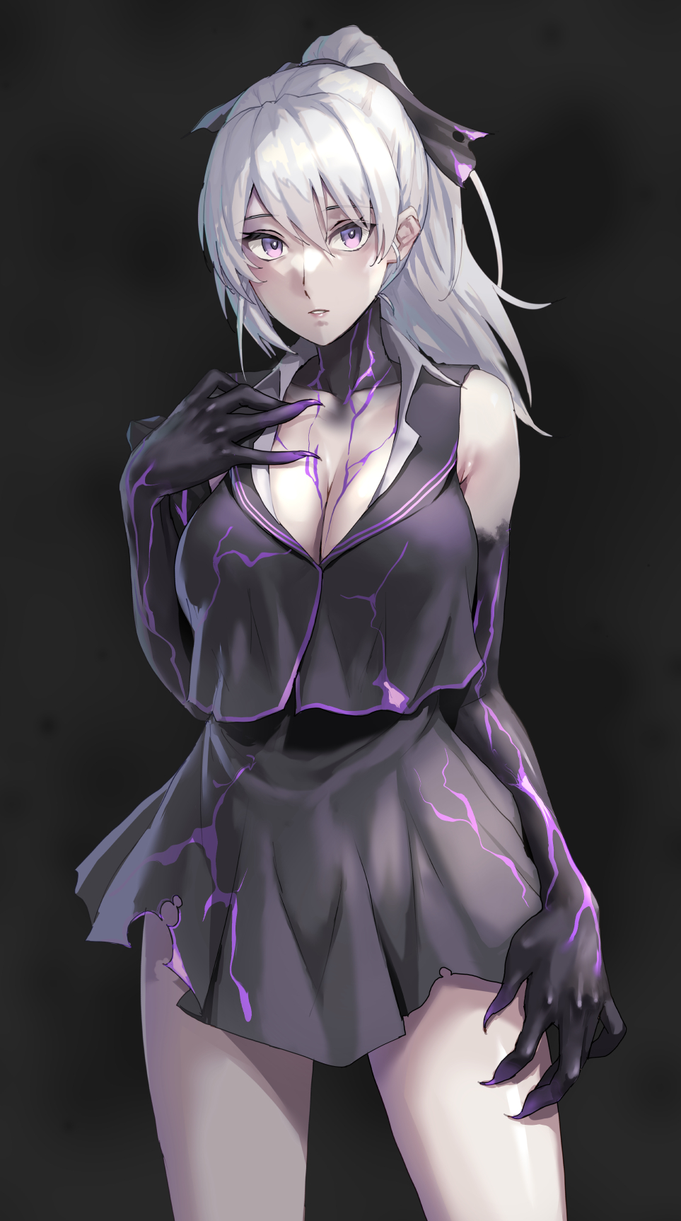 1girl, abyssal_ship, aircraft_carrier_princess_ii, black_dress, breasts, claws, cleavage, collarbone, cowboy_shot, dress, hair_between_eyes, highres, kantai_collection, kokuzou, large_breasts, long_hair, looking_at_viewer, open_mouth, pale_skin, ponytail, purple_eyes, solo, white_hair