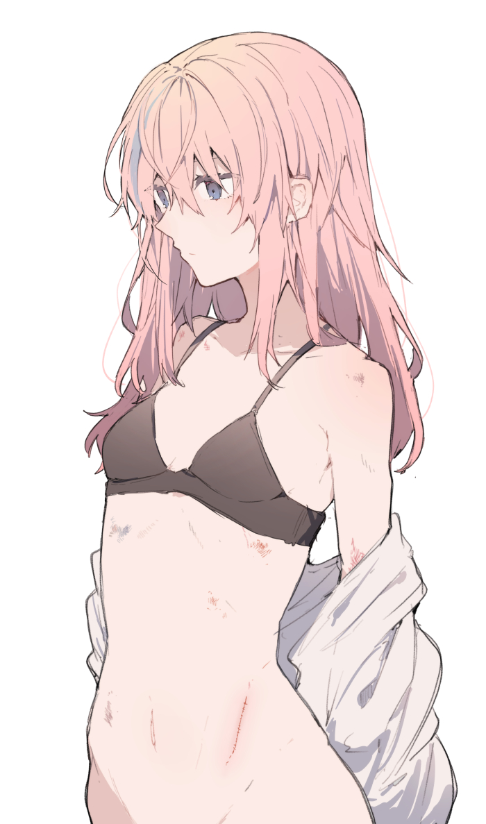 1girl, black_bra, blue_eyes, blue_hair, bottomless, bra, breasts, collarbone, commentary_request, cowboy_shot, empty_eyes, facing_to_the_side, hair_between_eyes, hair_over_eyes, ikeuchi_tanuma, long_hair, messy_hair, multicolored_hair, navel, off_shoulder, open_clothes, open_shirt, original, pink_hair, rije_(ikeuchi_tanuma), simple_background, small_breasts, solo, underwear, undressing, white_background