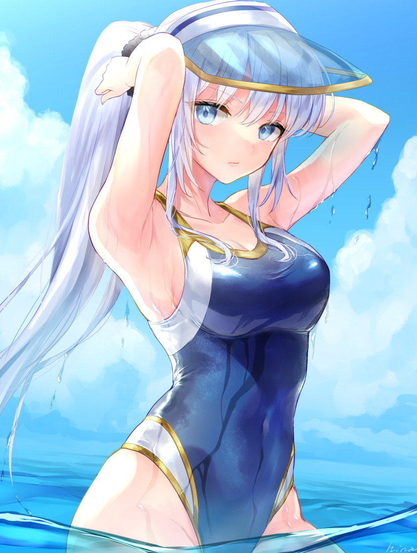 1girl, armpits, arms_behind_head, arms_up, breasts, cleavage, cloud, collarbone, commentary, competition_swimsuit, covered_navel, cowboy_shot, day, elias_(sennen_sensou_aigis), grey_hair, hair_ornament, hair_scrunchie, hi-na1, highres, large_breasts, long_hair, looking_at_viewer, ocean, one-piece_swimsuit, outdoors, partially_submerged, partially_underwater_shot, ponytail, scrunchie, sennen_sensou_aigis, sidelocks, signature, sky, solo, standing, swimsuit, underwater, very_long_hair, visor_cap, wading, water, wet, wet_clothes, wet_swimsuit