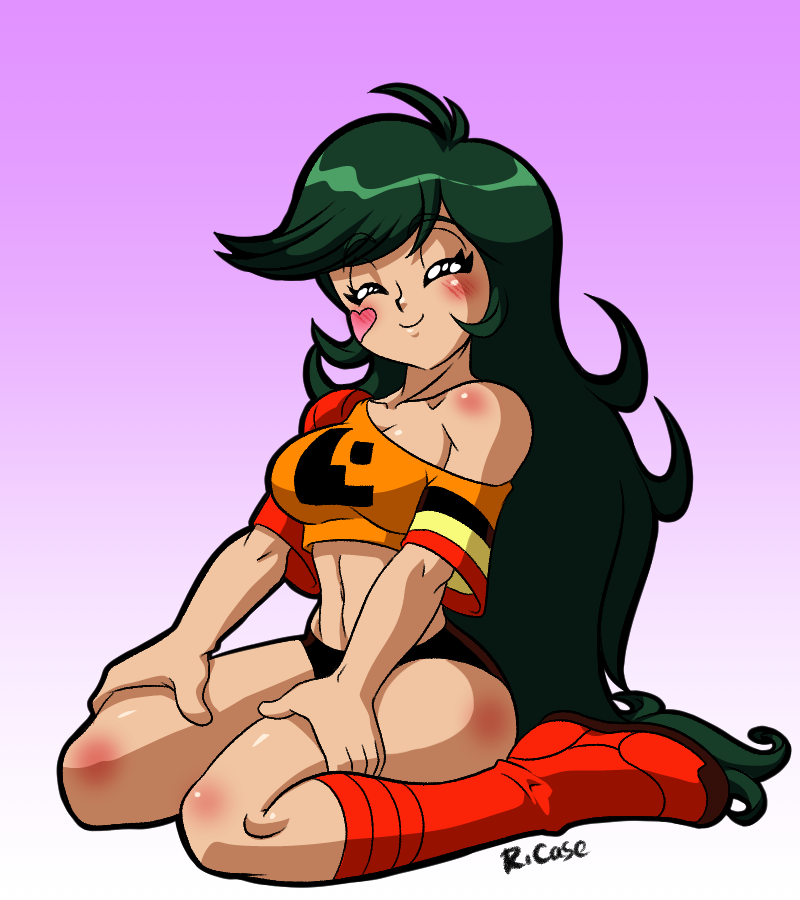 1girl, ballmastrz:_9009, boots, breasts, duleena_duneeda, closed_eyes, green_hair, heart, heart_tattoo, long_hair, short, tattoo, thick_thighs, thighs