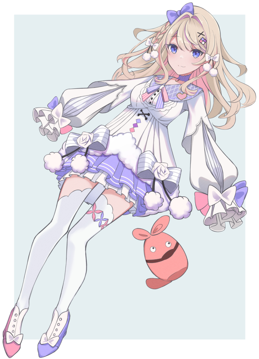 1girl, blue_bow, blue_eyes, bow, braid, breasts, brooch, chabo_(x_xhauntedx_x)