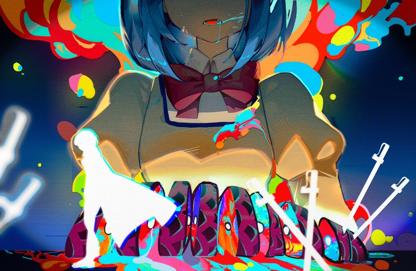 2girls, absurdres, blood, blood_on_face, blue_background, blue_blood, blue_hair, bow