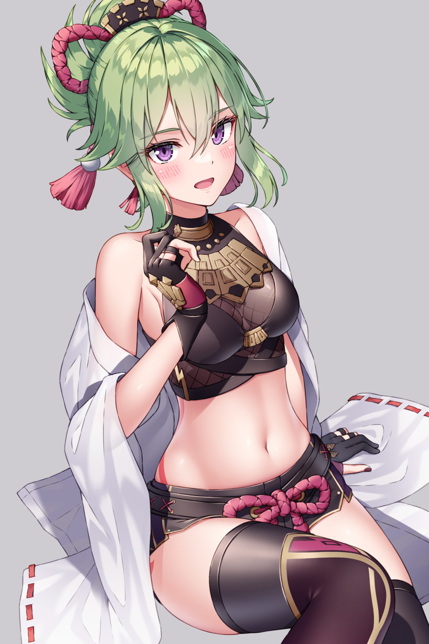 1girl, :d, absurdres, black_gloves, black_nails, black_shorts, black_thighhighs, blush