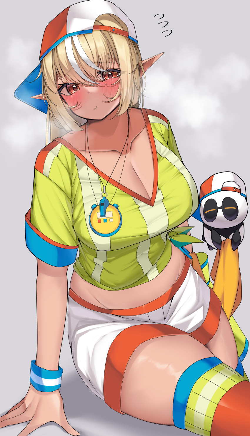 1girl, absurdres, backwards_hat, blonde_hair, breasts, cleavage, closed_mouth, collarbone