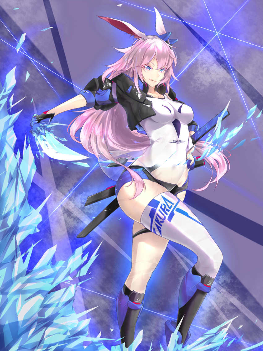 1girl, absurdres, animal_ears, black_boots, black_gloves, black_jacket, black_shorts, boots, breasts, fox_ears, gloves, hair_ornament, half-closed_eyes, highres, holding, holding_sword, holding_weapon, honkai_(series), honkai_impact_3rd, ice, jacket, katana, kingofdraw, long_hair, looking_at_viewer, pink_hair, purple_eyes, shirt, shorts, single_thighhigh, smile, solo, sword, thighhighs, three-quarter_sleeves, tongue, tongue_out, weapon, white_shirt, white_thighhighs, yae_sakura, yae_sakura_(goushinnso_memento)