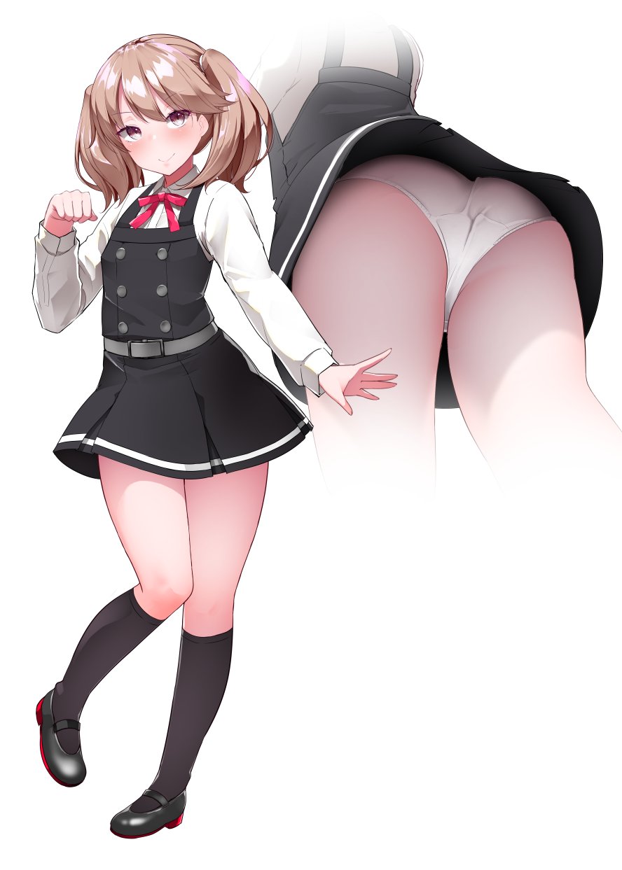 1girl, ass, bad_id, bad_twitter_id, brown_eyes, brown_hair, cosplay, dress, from_below, full_body, highres, kantai_collection, kasumi_(kancolle), kasumi_kai_ni_(kancolle), kasumi_kai_ni_(kancolle)_(cosplay), kirigakure_(kirigakure_tantei_jimusho), kneehighs, mtu_virus, multiple_views, panties, pantyshot, pinafore_dress, ribbon, ryuujou_(kancolle), short_dress, skirt, sleeveless, sleeveless_dress, smile, socks, twintails, underwear, upskirt, white_panties