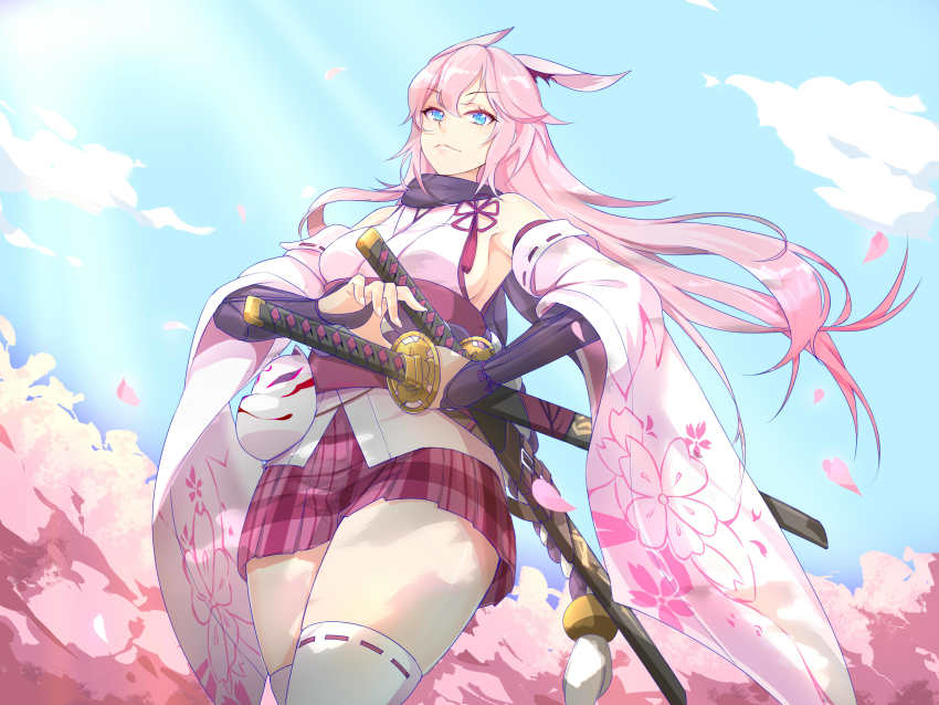 1girl, absurdres, animal_ears, bare_shoulders, blue_eyes, cherry_blossoms, closed_mouth, cloud, cloudy_sky, fox_ears, fox_mask, highres, holding, holding_sword, holding_weapon, honkai_(series), honkai_impact_3rd, japanese_clothes, katana, kingofdraw, long_hair, mask, miko, outdoors, pink_hair, pink_skirt, skirt, sky, smile, solo, sword, thighhighs, weapon, white_thighhighs, yae_sakura, yae_sakura_(gyakushinn_miko)