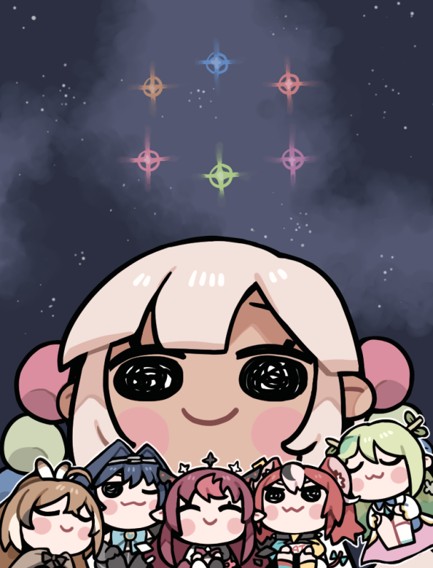 6+girls, :3, ahoge, animal_ears, antlers, asymmetrical_legwear, bare_shoulders, black_collar