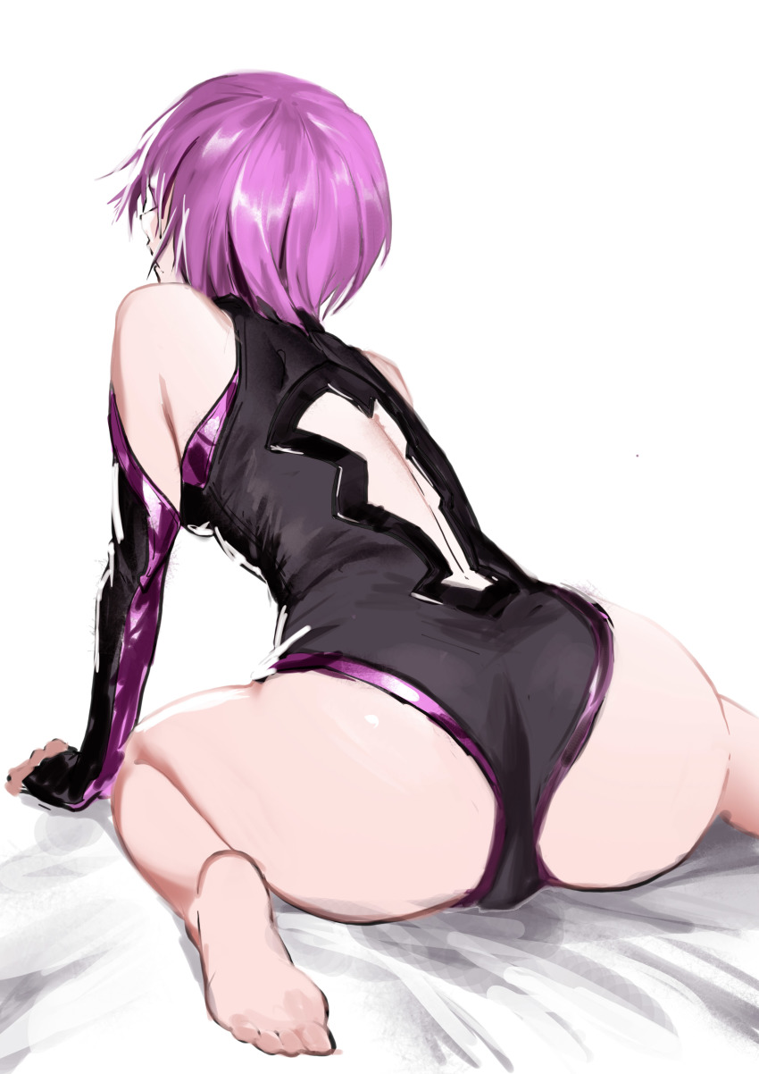 1girl, absurdres, ass, barefoot, black_gloves, black_leotard, elbow_gloves, fate/grand_order, fate_(series), from_behind, gloves, highres, leotard, mash_kyrielight, nomad_(newold0618), purple_hair, short_hair, sitting, solo, thighs, white_background, yokozuwari