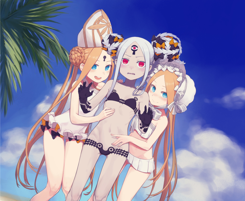 3girls, abigail_williams_(fate), abigail_williams_(swimsuit_foreigner)_(fate), abigail_williams_(swimsuit_foreigner)_(first_ascension)_(fate), abigail_williams_(swimsuit_foreigner)_(second_ascension)_(fate), abigail_williams_(swimsuit_foreigner)_(third_ascension)_(fate), absurdres, bare_legs, bare_shoulders, bikini, black_bikini, black_bow, blonde_hair, blue_eyes, blush, bonnet, bow, braid, braided_bun, breasts, collarbone, colored_skin, daisi_gi, double_bun, dress_swimsuit, fate/grand_order, fate_(series), forehead, girl_sandwich, gloves, hair_bow, hair_bun, hand_on_another's_stomach, hat, highres, keyhole, long_hair, looking_at_viewer, miniskirt, mitre, multiple_bows, multiple_girls, multiple_persona, navel, one-piece_swimsuit, open_mouth, orange_bow, parted_bangs, polka_dot, polka_dot_bow, red_eyes, sandwiched, sidelocks, skirt, small_breasts, smile, swimsuit, thighs, third_eye, twintails, very_long_hair, white_bikini, white_bow, white_hair, white_headwear, white_one-piece_swimsuit, white_skin