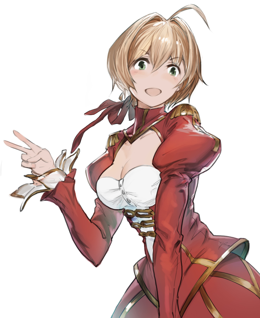 1girl, absurdres, ahoge, blonde_hair, blush, breasts, cleavage, cowboy_shot