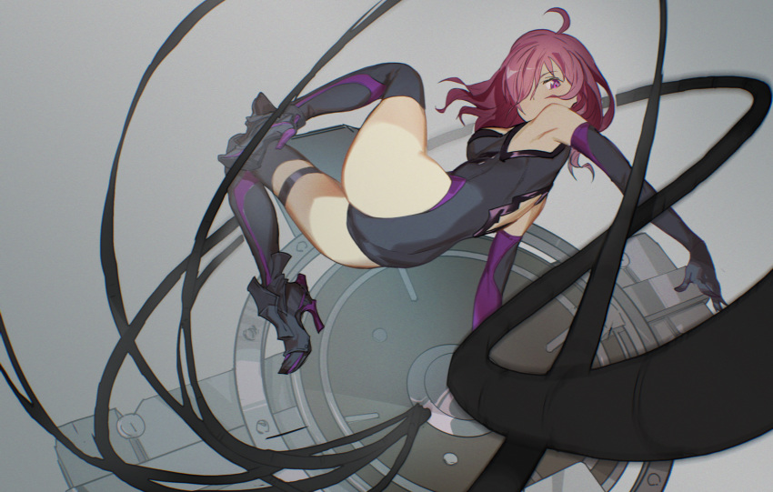 1girl, armpits, ass, black_gloves, black_leotard, black_thighhighs, boots, breasts, elbow_gloves, fate/grand_order, fate_(series), gloves, grey_background, hair_over_one_eye, high_heel_boots, high_heels, highres, leotard, looking_at_viewer, lord_camelot_(fate), mash_kyrielight, medium_breasts, nomad_(newold0618), purple_eyes, purple_hair, solo, thighhighs, thighs