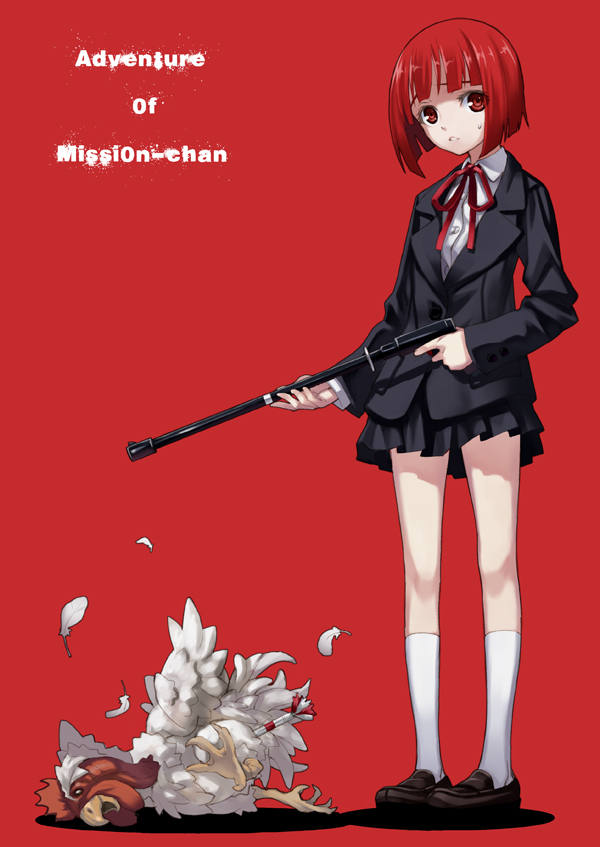 1girl, bird, blazer, chicken, copyright_name, feathers, gun, legs, matsuryuu, mission-chan, mission-chan_no_dai-bouken, pleated_skirt, red_background, red_eyes, red_hair, school_uniform, short_hair, skirt, socks, sweatdrop, weapon