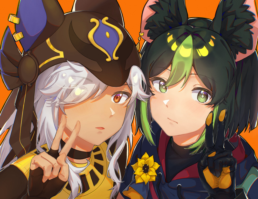 2boys, absurdres, animal_ear_fluff, animal_ears, animal_hood, arabian_clothes, black_choker, black_hair, blunt_ends, bridal_gauntlets, chinese_commentary, choker, commentary_request, cyno_(genshin_impact), dark-skinned_male, dark_skin, flower, fox_boy, genshin_impact, green_eyes, green_hair, grey_hair, hair_between_eyes, hair_over_one_eye, headpiece, highres, hood, jackal_ears, long_hair, male_focus, multicolored_hair, multiple_boys, parted_lips, pharaoh_hound, red_eyes, streaked_hair, tighnari_(genshin_impact), v, yellow_flower, yu86481955