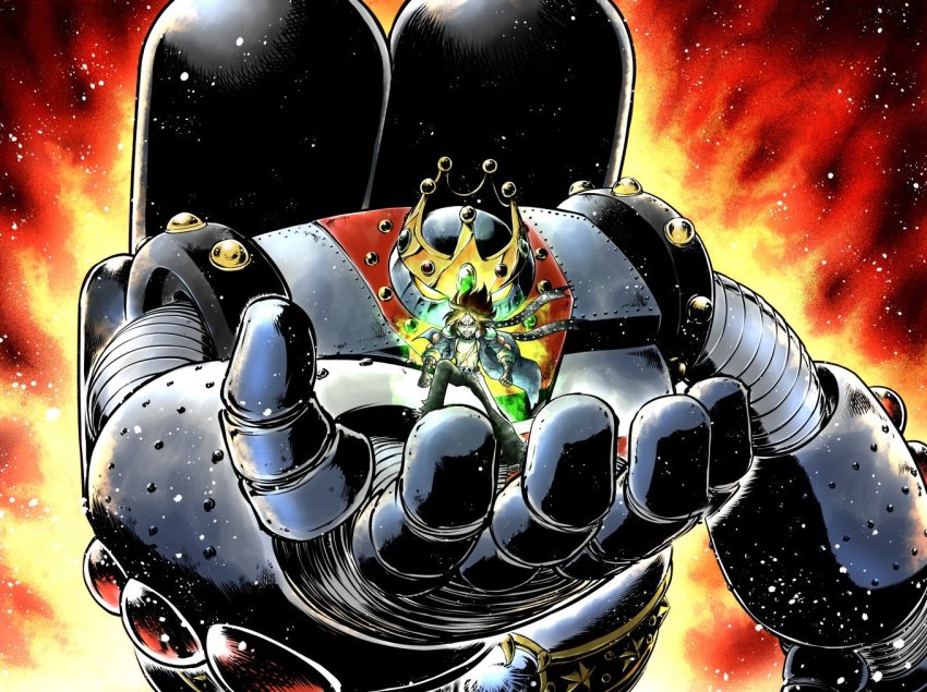 1boy, aura, buriki_daioh, clenched_hands, coat, crown, fiery_background, fire, gloves, glowing, live_a_live, mecha, robot, saboten7, scar, scar_on_chest, scar_on_face, scar_on_forehead, scarf, skull_belt, tadokoro_akira