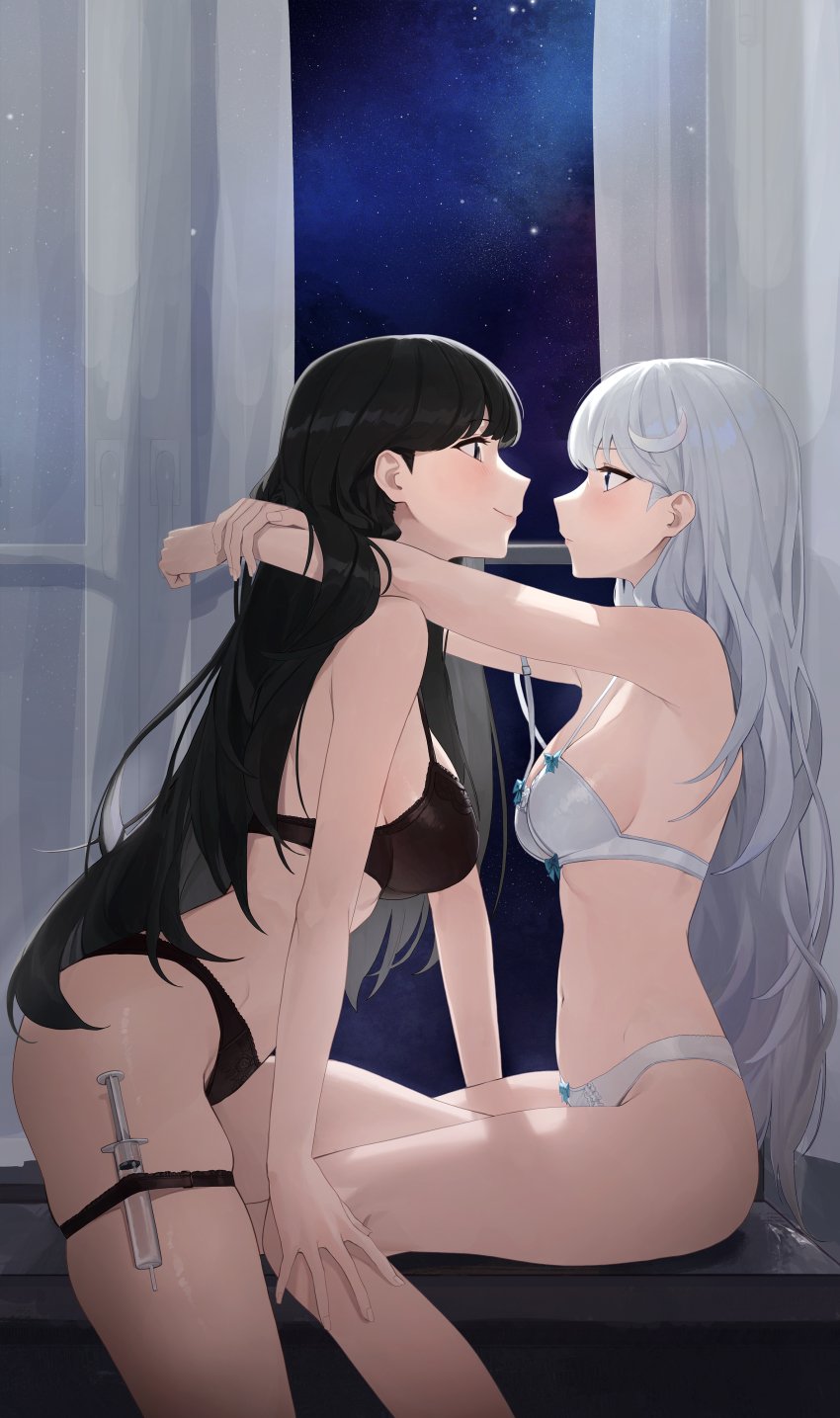 2girls, absurdres, arms_around_neck, black_bra, black_hair, black_panties, blush, bra