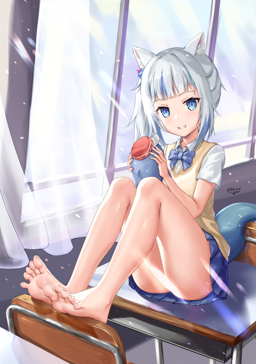 1girl, 1other, absurdres, alternate_costume, animal_ears, arms_up, bare_legs, barefoot