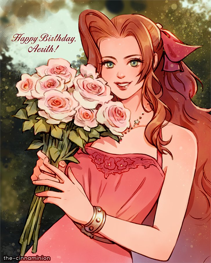 1girl, aerith_gainsborough, aerith_gainsborough_(ruddy_pink_dress), bangle_(animal_crossing), bare_shoulders, bouquet, breasts, brown_hair, dress, final_fantasy, final_fantasy_vii, final_fantasy_vii_remake, flower, green_background, green_eyes, hair_ribbon, happy_birthday, holding, holding_bouquet, jewelry, leaf, lipstick, long_hair, makeup, medium_breasts, necklace, official_alternate_costume, parted_bangs, parted_lips, pink_dress, pink_flower, pink_ribbon, pink_rose, ribbon, rose, sidelocks, sleeveless, sleeveless_dress, smile, solo, square_enix, thar_chandran, upper_body, wall_market, wavy_hair